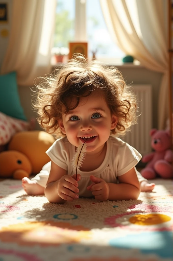 A little sort hair girl named Mia lying on the floor with a string toy that has a small feather attached, looking exci