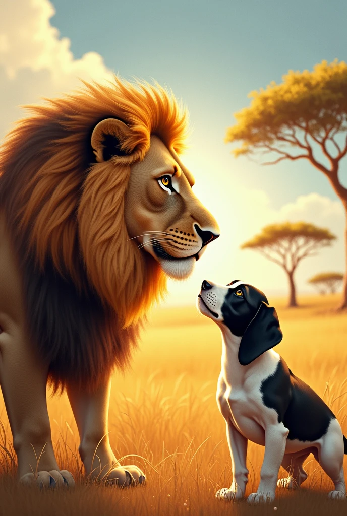 Lion staring at a black and white dog