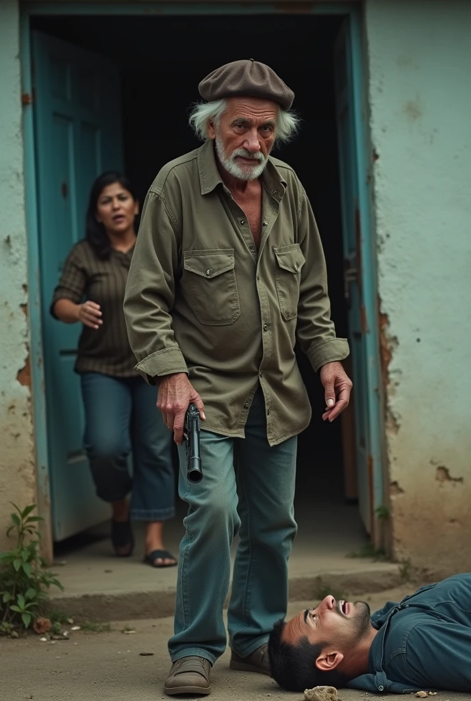 The image shows the facade of a modest house, with a partially open door. In front of the door, a man over 79 years old, with an expression of despair and pain, He holds a gun in his hand. the man, with a brown beret on his head. A 29-year-old man lies on the ground, near the entrance, in a state of decline, with an expression of surprise and suffering. 

On the left, You can see the blurred figure of a woman, the young man&#39;s mother, who tries to run towards him. 