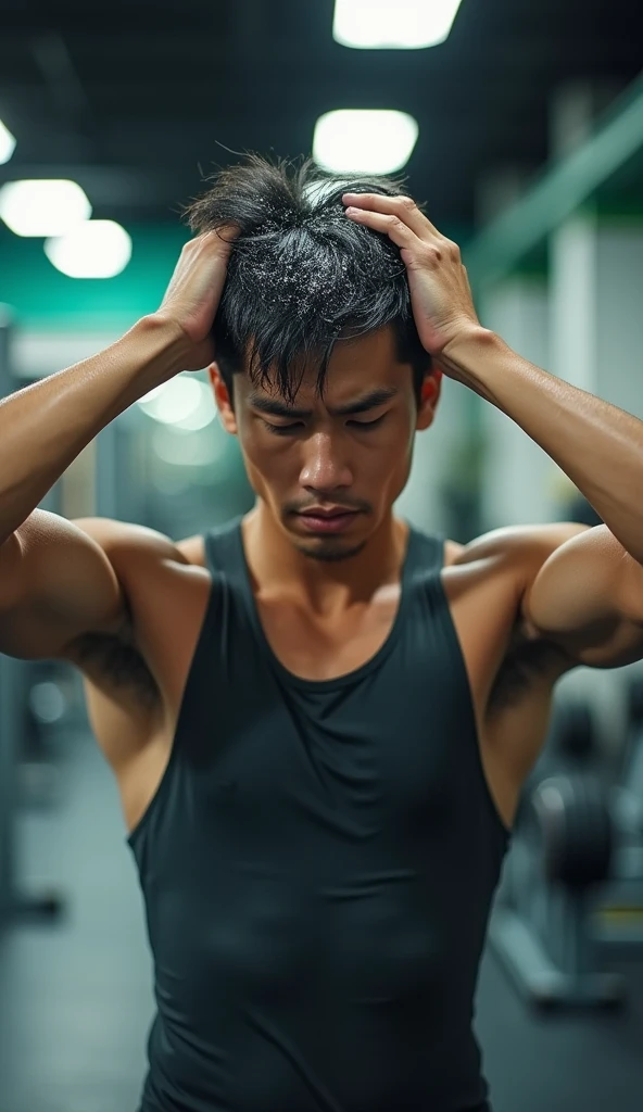 Create a handsome young Asian man,Wear gym clothes,Scratching the scalp with both hands,There is a lot of dandruff on the top of the head,White fine dandruff on the top of the head,The expression is unhappy,The characters are realistic and realistic,Gym background,9:16 frames,Ultra-high-definition picture quality