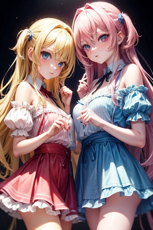 Two twins, Alice has blonde hair with blue eyes. while sofi has pink hair with red eyes.