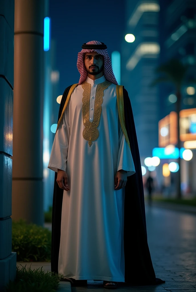 A young man with sheikh for Facebook profile he posing beside dark side