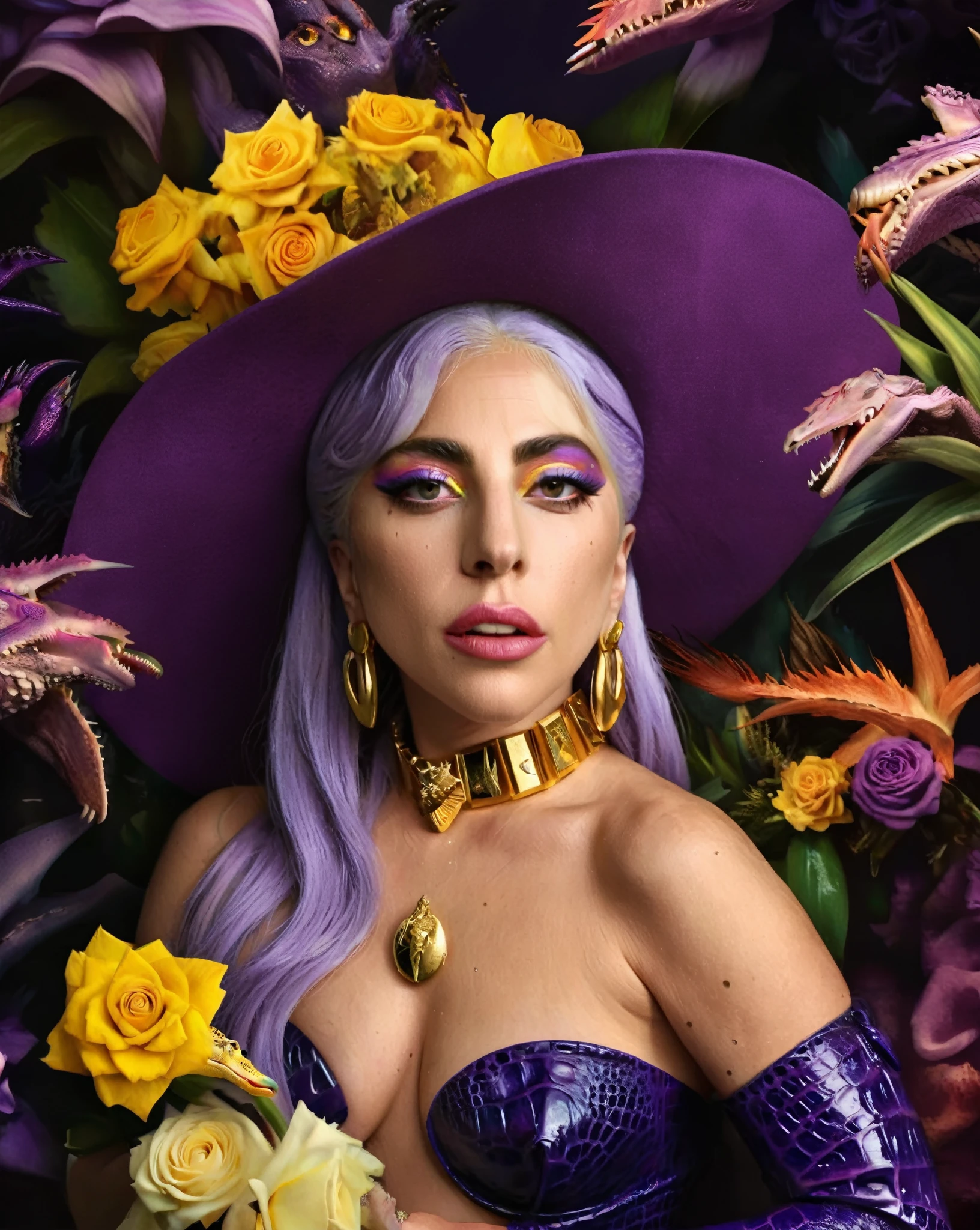 Lady Gaga in a purple and gold outfit and a hat with Crocodile , Fauna_Portraits , surrounded by flowers, David LaChapelle, highly detailed digital painting, poster art, naturalism