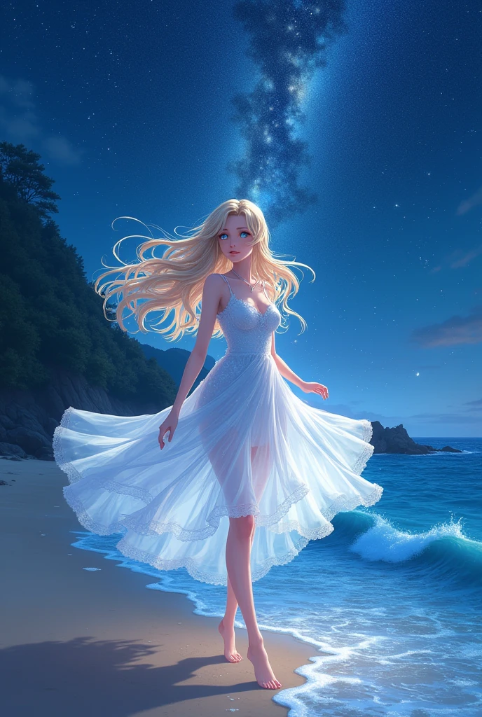 (masterpiece、Highest quality、8k、High resolution)、(The best beautiful girl)、Best Style、(The most beautiful face)、Clear skin、Clean blue eyes、Beautiful lips、Beautiful nose、Blonde Hair、Walking on the sand、Ocean、You can see the forest、A bright night with stars visible、Beautiful starry sky、milky way、(Mysterious light particles emitting from the body、Colorful Light、Very mysterious light)、jewelry、necklace、dress、(whole body)、Highly detailed anime art、A complete portrayal、Professional photographer、Professional Lighting、
