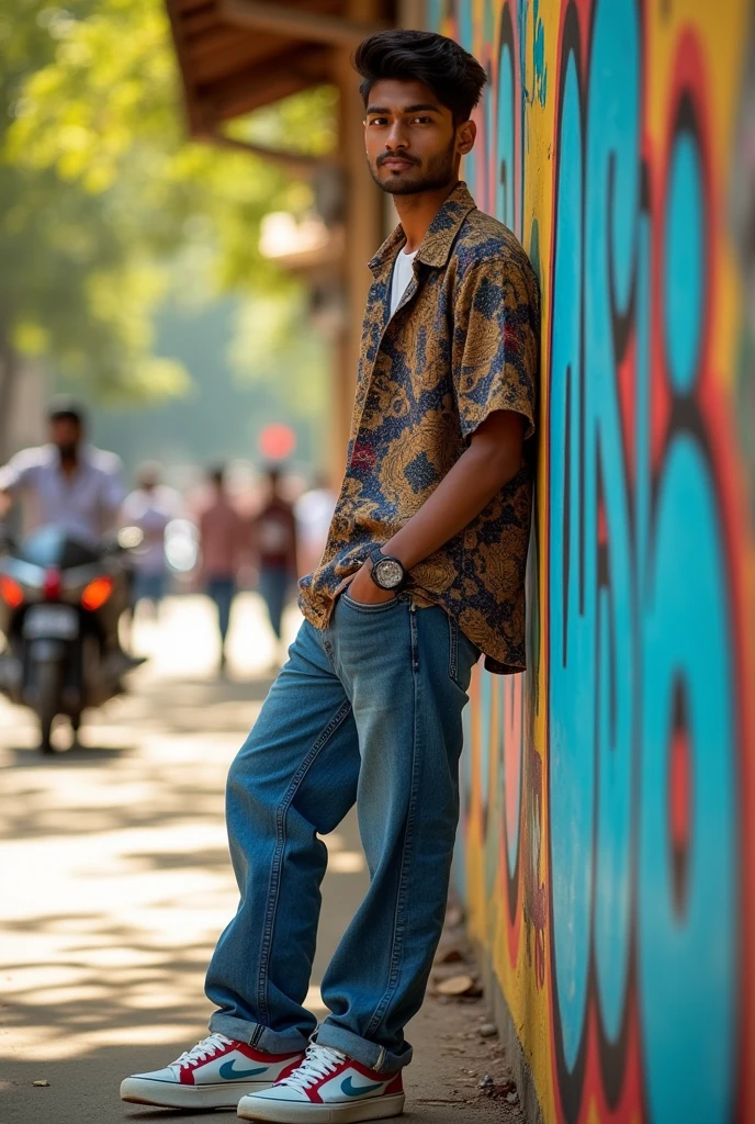 Create a Indian boy wearing baggy jeans and shirt about age of 20 year