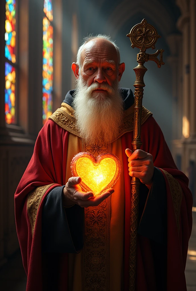 one men, bearded, older, bishop-priest, with a burning heart in his hand, with St. Augustine's staff