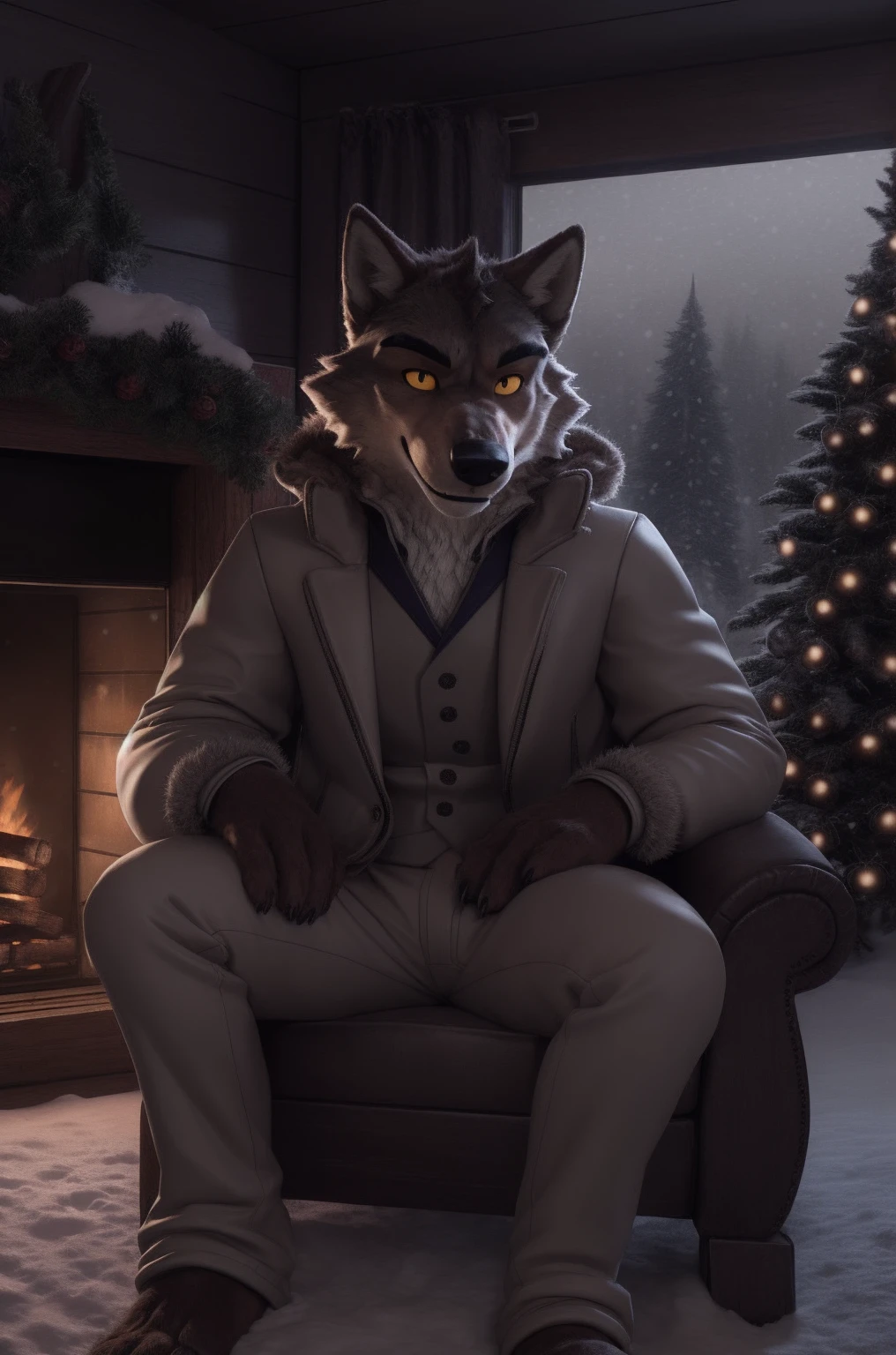 Mr wolf, male, wolf, sexy, yellow eyes, wearing a snow jacket, snow pants, paws, in a cabin, nighttime, snowing outside, by the fireplace, sitting on a chair, hd 8k