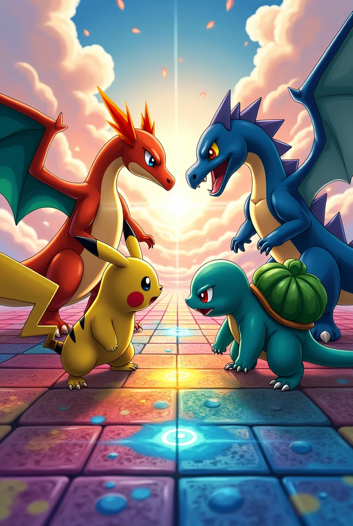 Pokemon 2v2 game, with a 5x7 board filled with tiles of different colors and at the top of the board are the 4 pokemons staring at each other about to fight