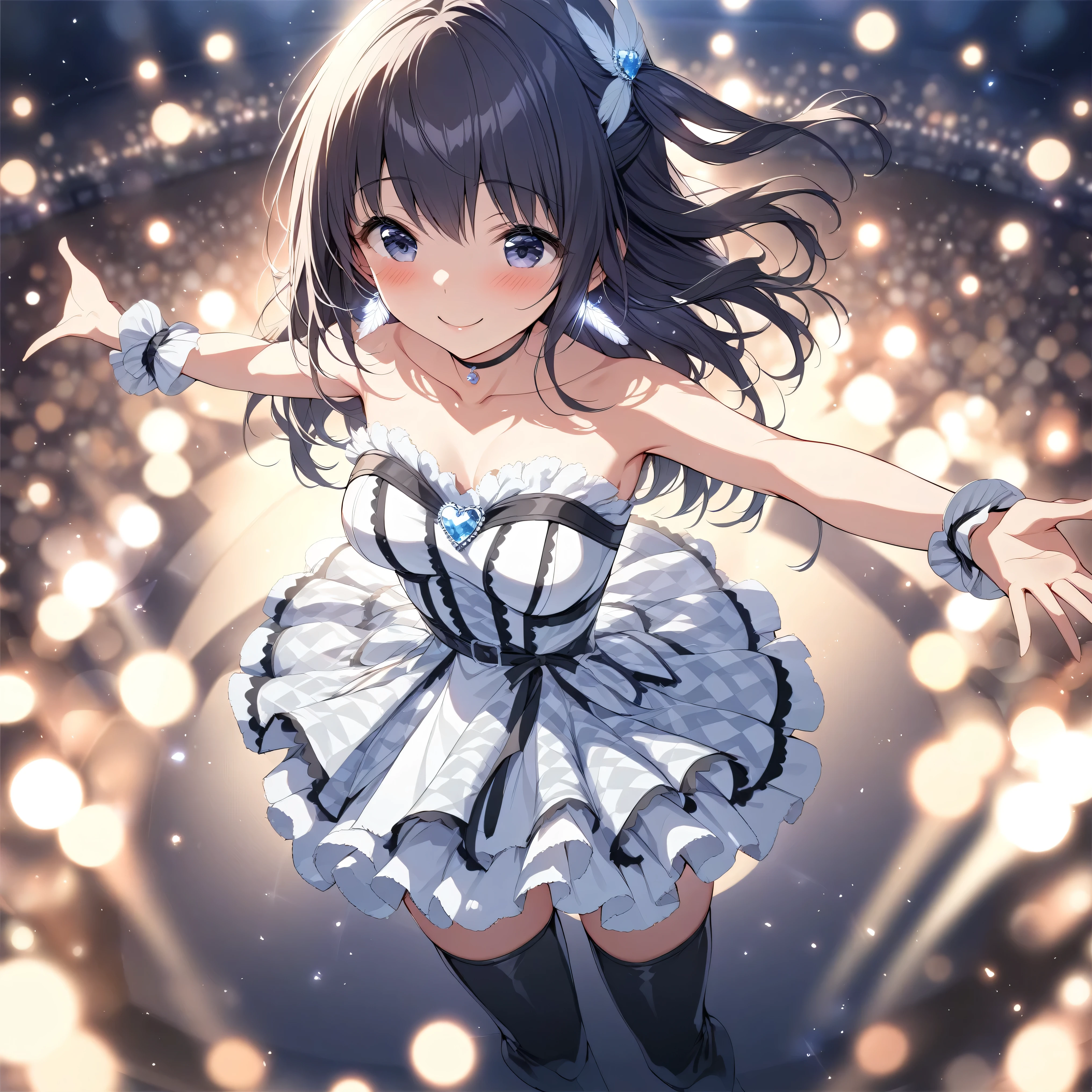 [high quality, best quality], cinematic, from above, wide shot, 1girl, solo, nagase mana, one side up, idol costume, black choker, feather earrings, thigh boots, standing, on stage, outstretched arms, singing, smile, blush, depth of field, bokeh, bloom, hdr, 