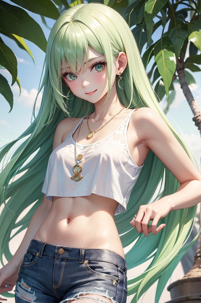 Best Quality,High resolution,8k,(plain white background, no patterns, no textures, just a plain white background:1.3),Masterpiece:1.2),beautiful girl,Shiny green hair,messy hair,Green Eyes,Gentle look,A refreshing look,smile,Best quality,Best Quality,Aesthetic and aesthetic:1.2,Best details((Super detailed))(High-definition CG illustrations),Slender body,smile,blush,cute,Scrounge,Looking up,Being spoiled,sleeveless shirt, paired with pre-ripped jeans, colorful cotton fabric with a subtle pattern, casual sneakers with a pop of color, Accessories include a playful pendant necklace and colorful stud earrings, super model