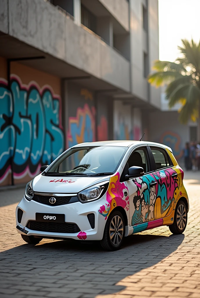 White colour tata nano modified with using graphics