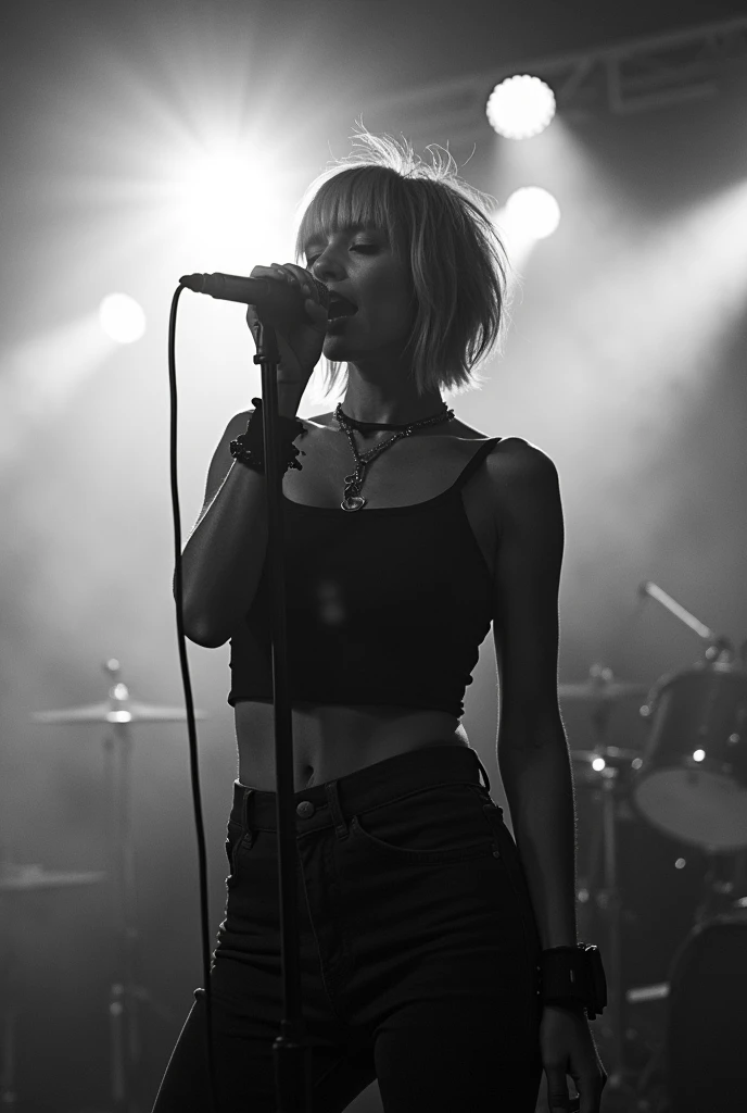 Short Bob、Japan Female Vocals、Japanese、8k、live house、Bright lighting、Black and white photography、A stage filled with smoke、punk、Woman shouting into a microphone、Dark eye eyeshadow、Face down、Gaze, chest, Ahoge, 大きなchest,