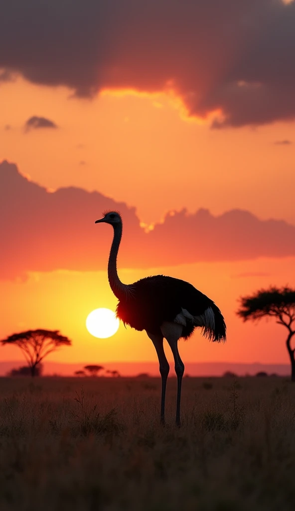 An ostrich standing confidently on the open plains, modern day, in the savanna, with the sun setting behind it, creating a silhouette against the sky, wide shot, hyper-realistic, photo realism, cinematography --ar 9:16.