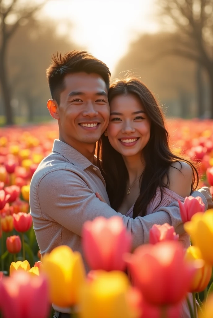 "Asian male with handsome and clean face,hug from behind with a beautiful woman lover,face looking forward,photo in the tulip garden"