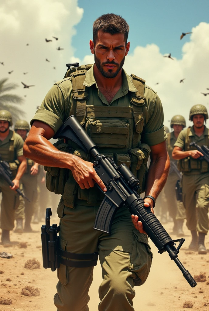 Illustrate a light brown man, all dirty with dust and all cut up, from the Brazilian army commando battalion, strong and large robust body, with short hair and no facial hair, with the thousand yard stare, holding a machine gun .50 with a cut on his face from a bayonet. He is fully equipped with the Brazilian army uniform and a heavy vest.. In the background leading an entire battalion of Brazilian soldiers