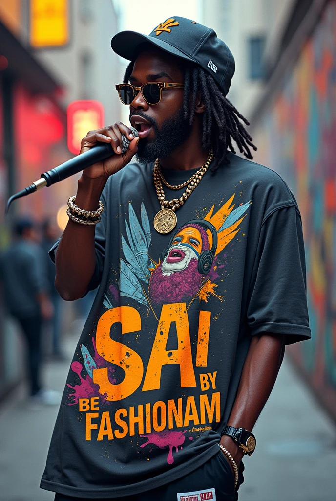 Make a oversize t-shirt color gray add some unique art of hip hop rap artist with mic ,print the art in back side and add this slogan Sai by be fashionable 