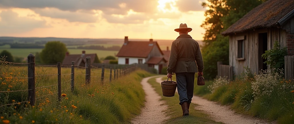 An image of a country gentleman in the foreground, carrying a bucket, going home, em um vilarejo, country man, photo realist, image from bottom to top, horizon line