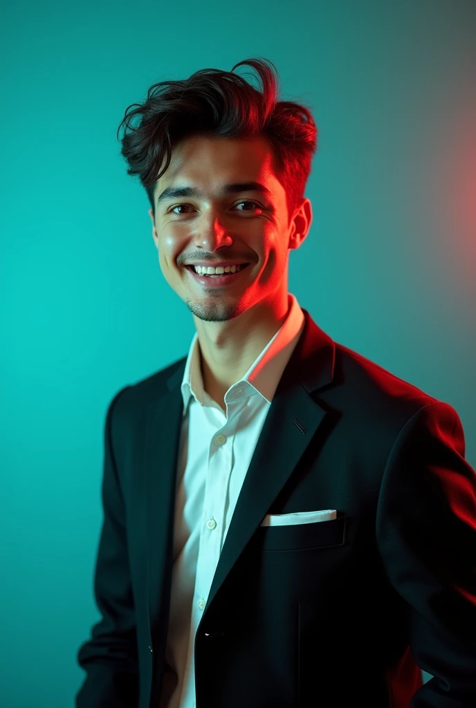 A young man with dark hair and a confident smile. He is dressed in a black blazer over a white shirt. The man is positioned against aqua colour backdrop with a subtle red lighting on the left side. and he posing for Linkedin profile