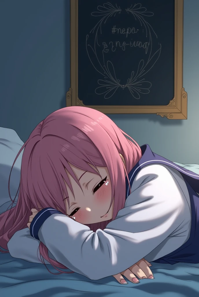 An 18-year-old anime girl fell asleep while crying in her room. The word "@asrorbek-1444" is written inside the portrait on the wall. The girl's top is Japanese uniform, her hair is pink.