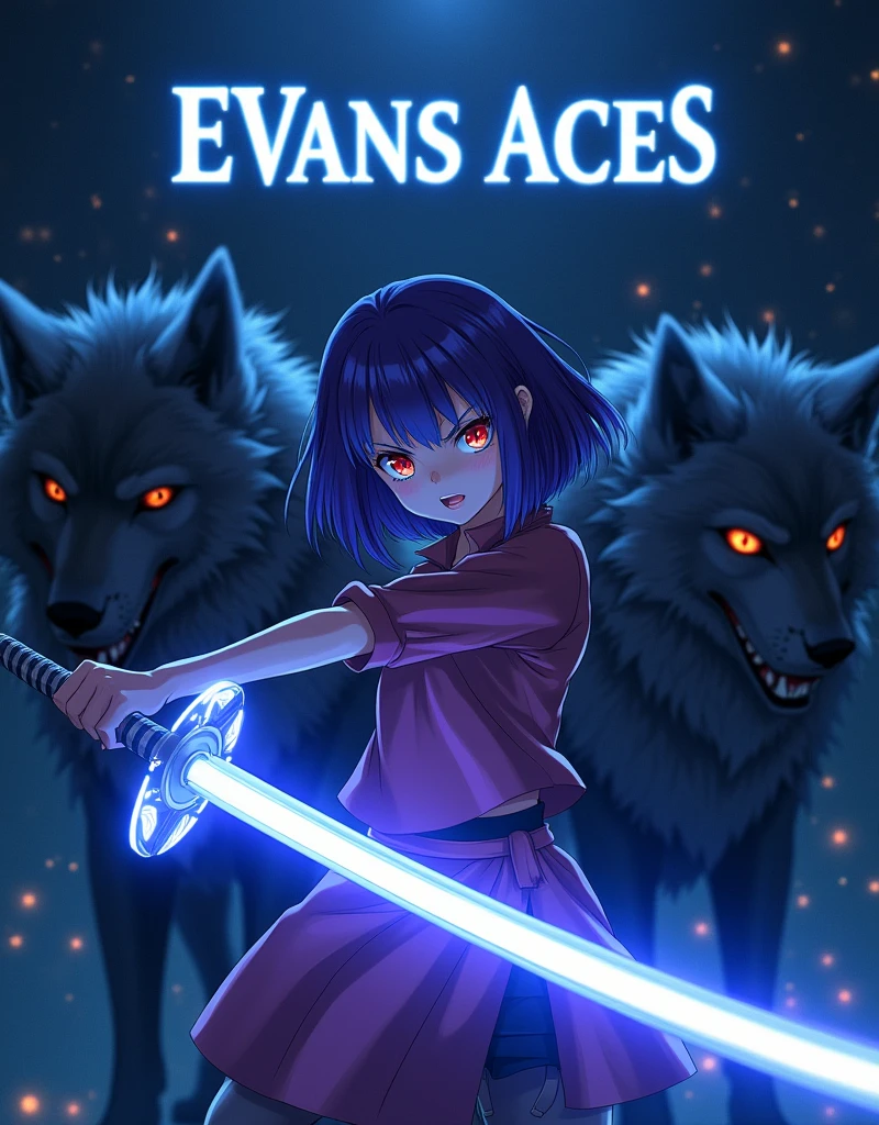 Girl anime, lazer katana, 2 wolf stand near like horror, 8k, HD, and text Evans Aces, star twinkle, dark night 