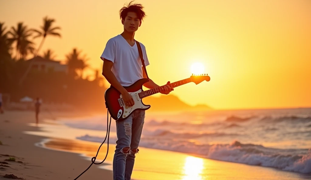 8k, highest quality, ultra details, Tobias Bjorgsha, , handsome asian guy, white t-shirt and ripped jeans, messy neat black hair, playing electric guitar,he is looking forward to camera, sunset beach, barefoot, carefree expression