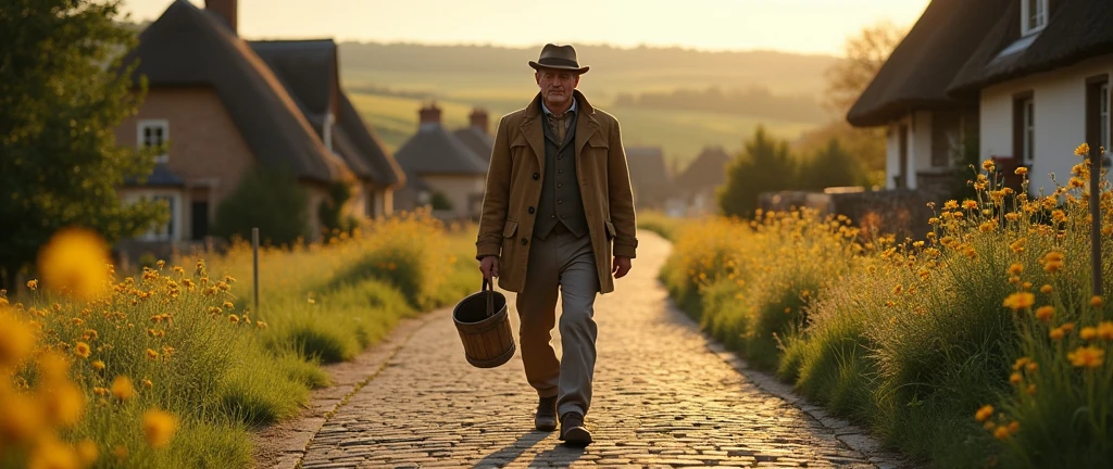 An image of a country gentleman in the foreground, carrying a bucket, going home, em um vilarejo, country man, photo realist, image from bottom to top, horizon line