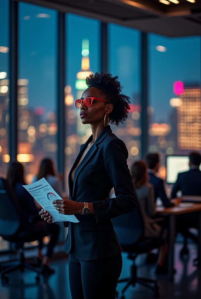 
Cover Concept:

setting: A corporate office with a panoramic view of new york city, dark lighting with,  red glasses, A powerful image of black women leading a team through complex logistics scenarios, 

convey strength and leadership.
