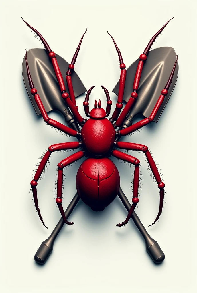 Create a 2d image of a funeral home logo with a red spider and two crossed shovels in the shape of an X