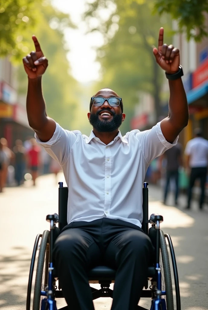 A man in a wheelchair with a white dress shirt and black dress pants, dress shoes, a black beard and black square glasses with his arms up pointing at something