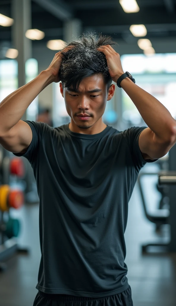 Create a handsome young Asian man,Wearing T-shirts and fitness clothes,Scratching the scalp with both hands,There is a lot of dandruff on the top of the head,White fine dandruff on the top of the head,The expression is unhappy,The characters are realistic and realistic,Gym background,9:16 frames,Ultra-high-definition picture quality