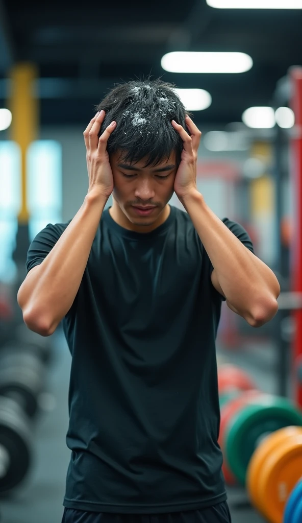 Create a handsome young Asian man,Wearing T-shirts and fitness clothes,Scratching the scalp with both hands,There is a lot of dandruff on the top of the head,White fine dandruff on the top of the head,The expression is unhappy,The characters are realistic and realistic,Gym background,9:16 frames,Ultra-high-definition picture quality