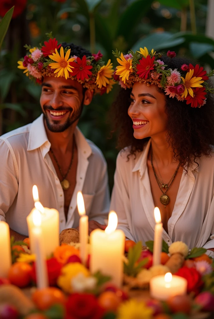 Two Brazilian women and two Brazilian men at a lush Umbanda altar, wearing a white cotton shirt, with natural flower crowns, showing off your natural charm and outgoing personality, surrounded by white candles.