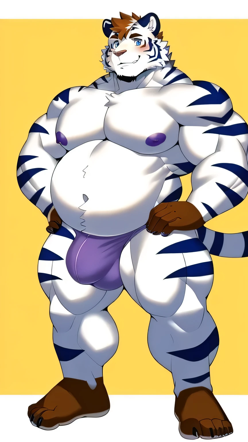 White tiger, big belly, large pectorals, muscular arms, thick thighs, male focus, brown short hair, blue eyes, purple underwear, big bulge, purple nipples, sexy pose, full body