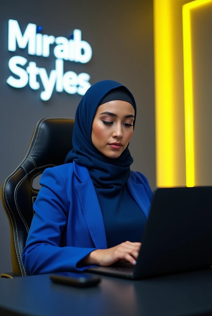 An Islamic women sitting in gaming chair wearing blue coat and face face is my side
 in front table leptop and Mobile lighting room background in gray wall writing "Miraib Styles" White colour Yellow neown glow