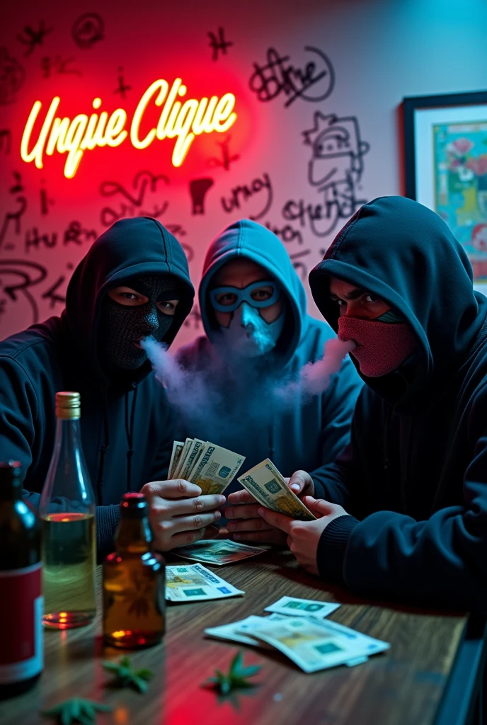 3 masked drug sellers in anime look in modern streetware style.they smoke joints ,count euros banknotes. Alcohol bottles on the table and cannabis an UnqiueClique logo in the background