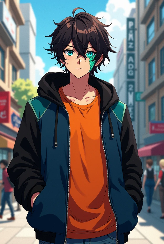 Chico, high but not too much, dark brown hair, wavy but has curls at the ends, Medium long hair but it reaches the neck, but her bangs cover one of her eyes, His eye is snake-like (literal), He wears an orange shirt and a navy blue jacket with black sleeves., He also wears jeans, does not show his hands, He has them in his jacket pockets, He also wears a hood and has a turquoise snake-like scale in the middle of his face., In the background, is in a city, surrounded by many people. anime style.