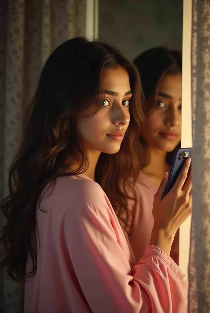 (photorealism:1.2), beautiful 19 years north indian girl wearing a pink full lenght frok off shoulders , looking at mirror, girl holding a phone in right hand that cover her face , messy length hair, very close photo