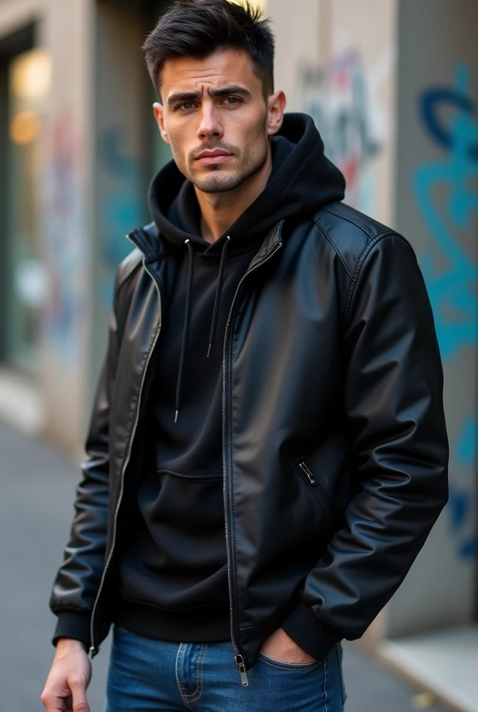 man, short black hair, wearing a black hooded jacket, blue denim pants, black tennis shoes, looking at the camera, photorealistic
