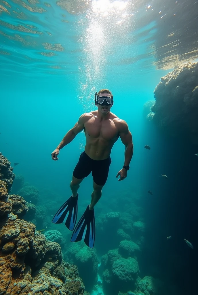 I need a hyper-realistic image of a man swimming with monofins for apnea, a frontal snorkel, and an athletic body.