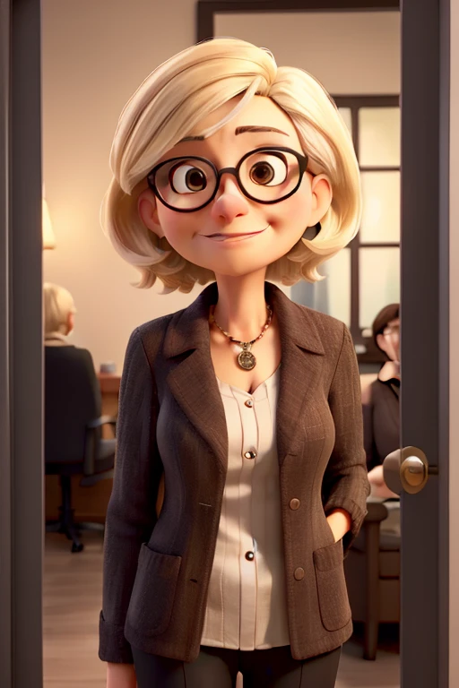 A psychoanalyst, Woman 58 years old, side bangs bob hair, medium brown eyes,hair blonde , 60 kilos, black frame glasses. It is essential to wear a psychoanalyst&#39;s coat, Surprise me