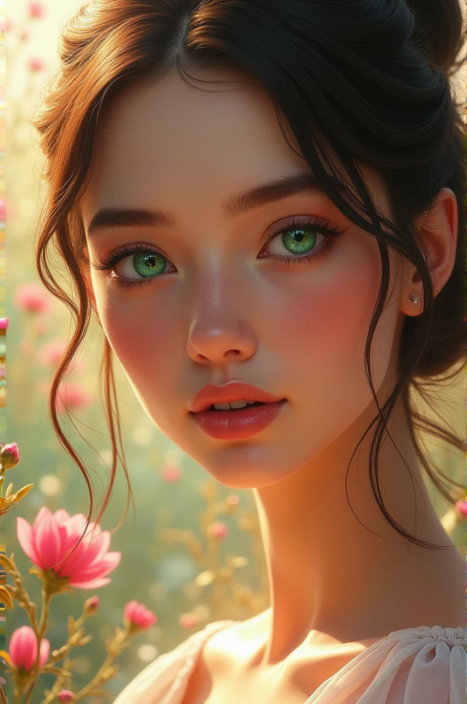 Produce a highly detailed, close-up portrait of a young girl with mesmerizing emerald-green eyes, wearing an intricate lace dress adorned with delicate flowers. Emphasize her porcelain skin and freckles with soft, natural lighting. Render the artwork in 8K Ultra HD resolution for maximum quality and use a cinematic style to capture her elegance and grace. Add a subtle cel-shaded effect with a shading level of 1.3 for depth. (style: cinematic, quality: 8K, aspect ratio: 4:5, chaos: 30, stop: 70, seed: 12345, stylize: 400)