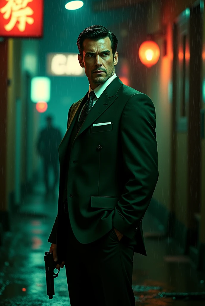 Man with gun and dark green suit black hair and green eyes 