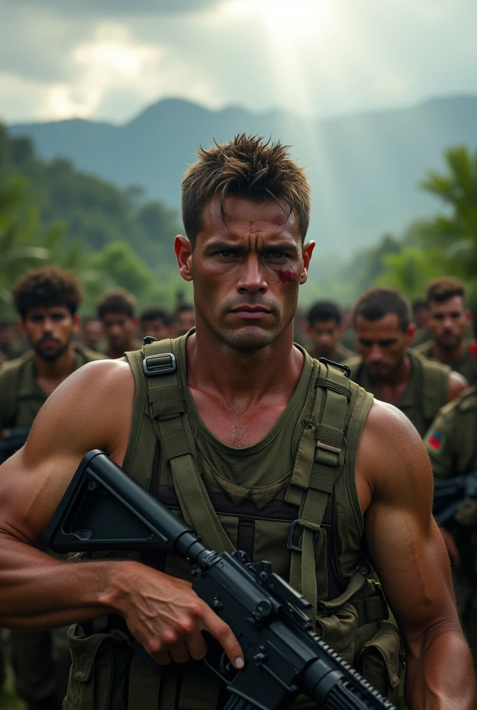 Illustrate a light brown man, all dirty with dust and all cut up, from the Brazilian army commando battalion, strong and large robust body, with short hair and no facial hair, with a tired but aggressive look, holding a machine gun .50 with a cut on his face from a bayonet. He is fully equipped with the Brazilian army uniform and a heavy vest.. In the background leading an entire battalion of Brazilian soldiers