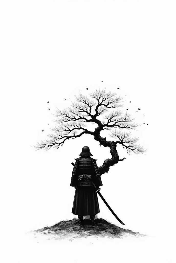 A samurai a sword in hand, facing a bonsai he is facing away the sword in his hand is lowered and the bonsai is dropping leaves. with simple black and white lines 