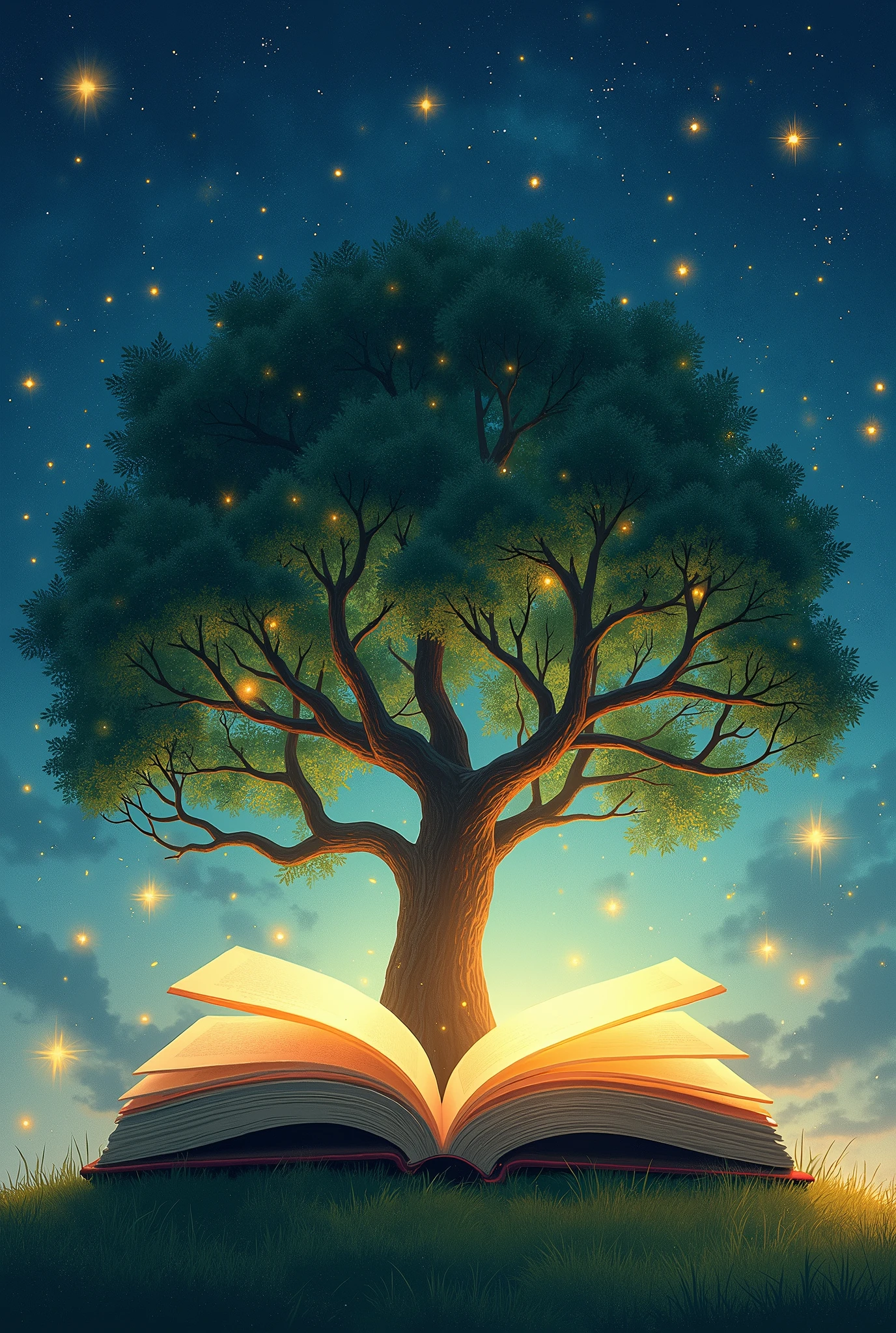 an illustration of an open book with a tree behind the book and stars coming out around it
