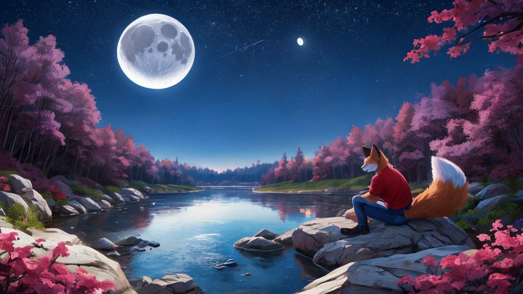 (A male fox character sitting on ground in forest looking at the sky), ((sitting on a clean rock)), view from behind, view from back, ((lineless art)), ((aquarelle art)), (surrounded by forest), night sky, moon, ((small moon)), (((one moon))), moon on the sky, stars on sky, (in forest), fox, furry fox, orange fur, ((blue eyes)), (tail), (one tail), (fluffy tail), orange tail with white tip, (two legs), ((looking at the sky)), river, rock, big rock on beach, big river, sitting near river, sitting on beach, flowers on ground, beautiful flowers, (red shirt), dark blue jeans, black sneakers, sitting on ground, stars on the sky, hd, high definition, high quality, high resolution, (anime style), realistic, ((solo)), (male), beautiful art, piece of art, ((single character))