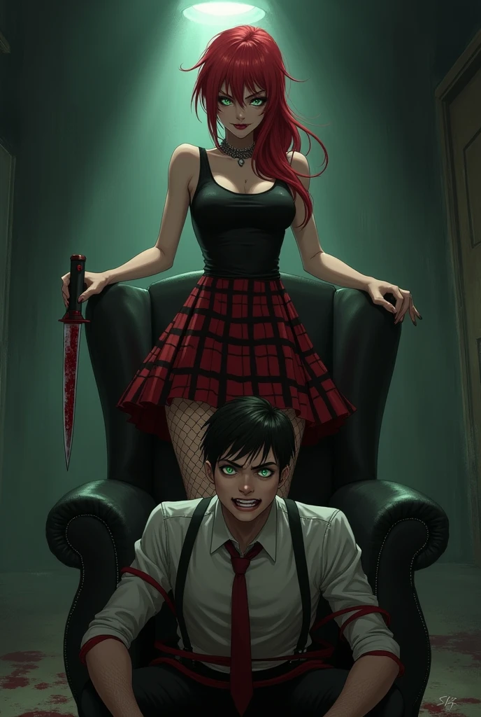 Anime style. Red long low ponytail, green eyed, serial killer woman wearing a tight black top and a plaid skirt. accessorizing with high heels and fishnet stockings. She is holding a bloody knife. An evil smile across her crimson lipgloss covered lips.she is torturing her victim, a young man who is tied to a chair. He is scared.