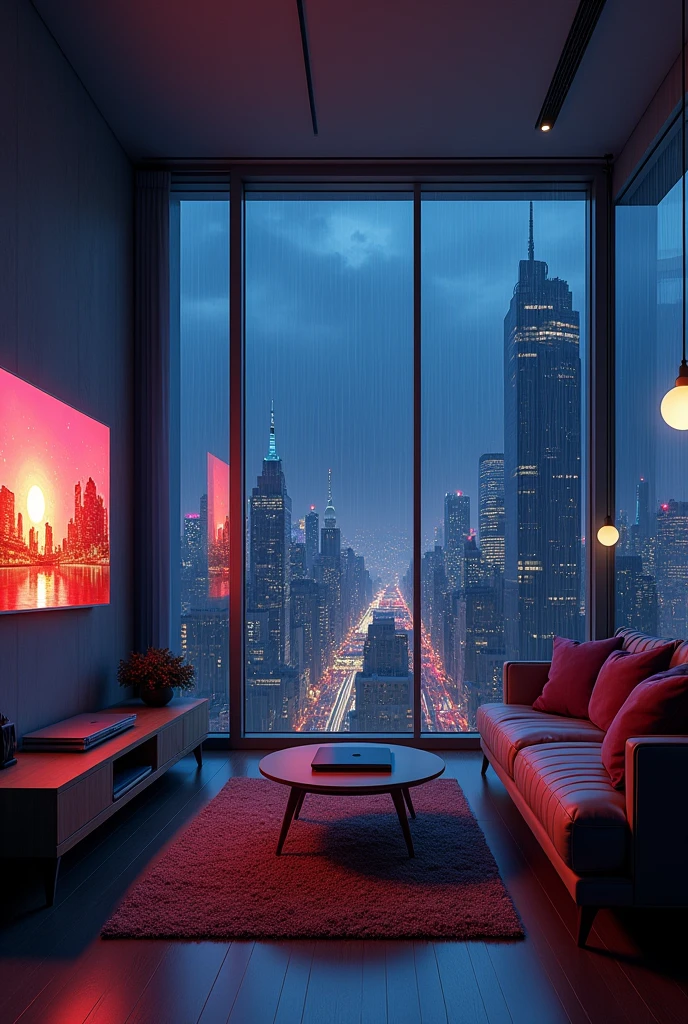 Imagine a cozy modern futuristic living room, a MacBook is on the table, a studio Ghibli film is on the tv, panoramic window view of new york city, night, dark lighting, futuristic, no people, rain