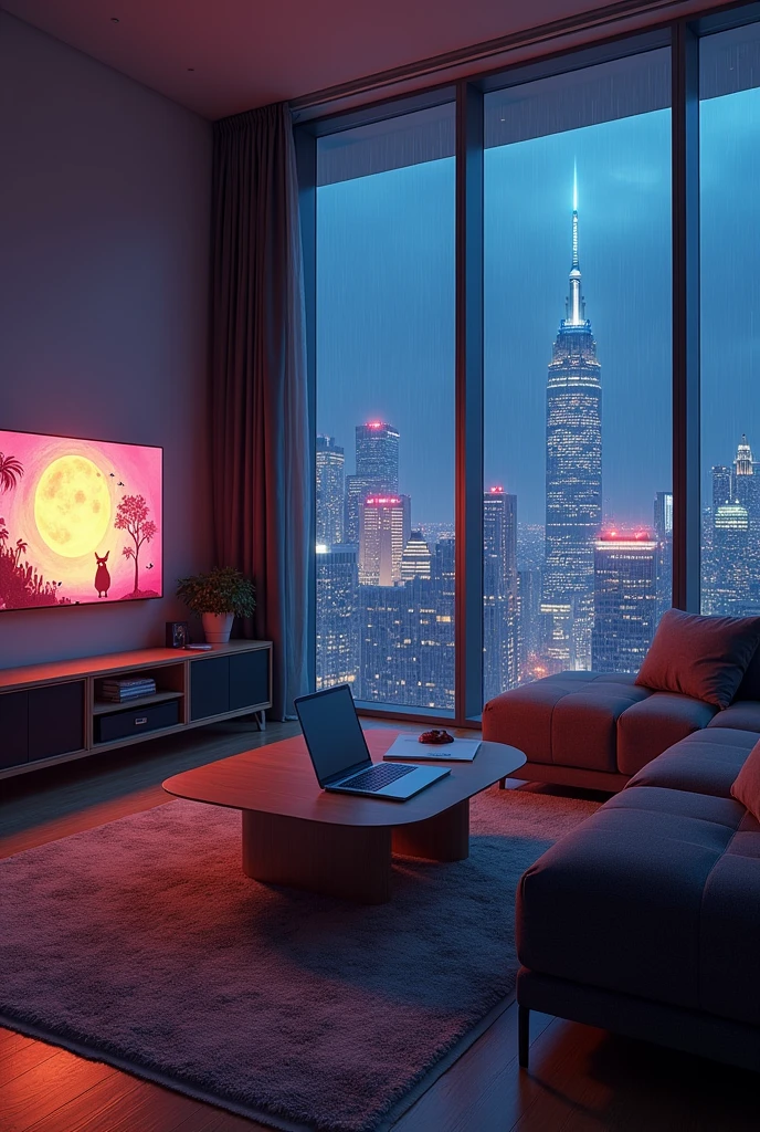 Imagine a cozy modern futuristic living room, a MacBook is on the table, a studio Ghibli film is on the tv, panoramic window view of new york city, night, dark lighting, futuristic, no people, rain