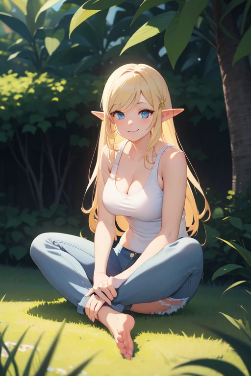 ((High resolution)) (Detailed) (masterpiece) beautiful elf woman, with huge round breasts, long blonde hair, with left bangs, blue eyes, wearing black tank top with big cleavage, small jeans shorts, soft lighting, plants and trees in background, relaxed pose, intricate details, warm colors, smiling, hands down, shy smile, outdoor, summer